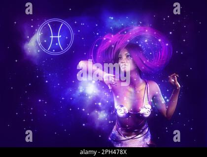 Fantasy-Sternenraum und Meerjungfrau-Mädchen, Pisces-Zodiac-Zeichen, 3D-Abbildung. Stockfoto