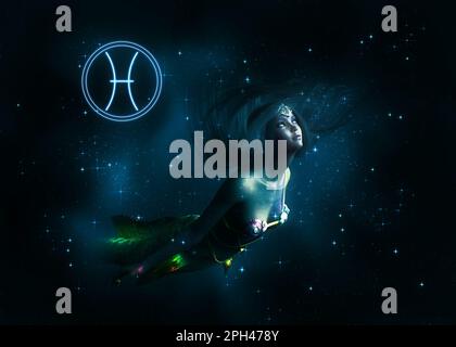 Fantasy-Sternenraum und Meerjungfrau-Mädchen, Pisces-Zodiac-Zeichen, 3D-Abbildung. Stockfoto