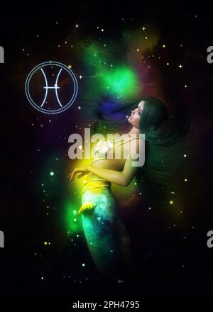 Fantasy-Sternenraum und Meerjungfrau-Mädchen, Pisces-Zodiac-Zeichen, 3D-Abbildung. Stockfoto