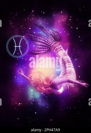 Fantasy-Sternenraum und Meerjungfrau-Mädchen, Pisces-Zodiac-Zeichen, 3D-Abbildung. Stockfoto