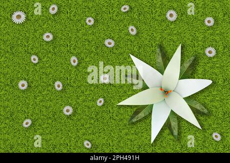 3D Abbildung. Frühling Sommer. Blumen, blühen auf grünem Gras Textur. Grasfeld Hintergrund mit bunten Blumen Stockfoto