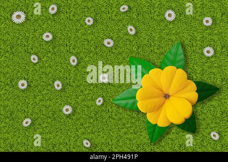 3D Abbildung. Frühling Sommer. Blumen, blühen auf grünem Gras Textur. Grasfeld Hintergrund mit bunten Blumen Stockfoto