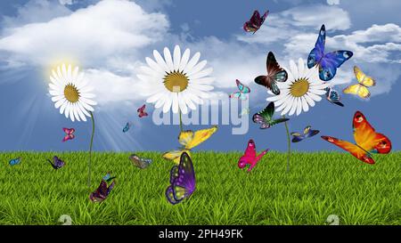 3D Abbildung. Frühling Sommer. Blumen und Schmetterlinge auf grünem Rasen. Grasfeld mit bunten Blumen und Schmetterlingen, im Himmel Hintergrund mit c Stockfoto