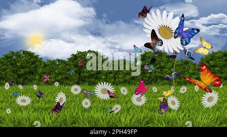 3D Abbildung. Frühling Sommer. Blumen und Schmetterlinge auf grünem Rasen. Grasfeld mit bunten Blumen und Schmetterlingen, im Himmel Hintergrund mit c Stockfoto