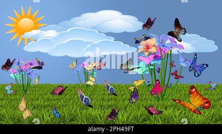 3D Abbildung. Frühling Sommer. Blumen und Schmetterlinge auf grünem Rasen. Grasfeld mit bunten Blumen und Schmetterlingen, im Himmel Hintergrund mit c Stockfoto