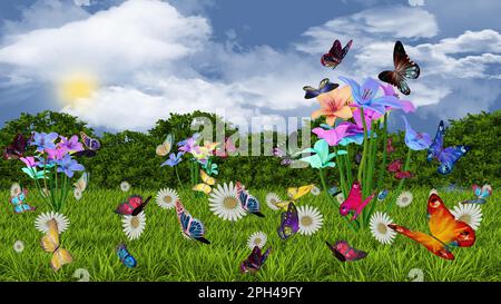 3D Abbildung. Frühling Sommer. Blumen und Schmetterlinge auf grünem Rasen. Grasfeld mit bunten Blumen und Schmetterlingen, im Himmel Hintergrund mit c Stockfoto