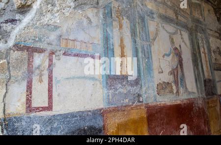 Kunstwerke an den Mauern der Gebäude in der römischen Stadt Pompeji, Italien Stockfoto