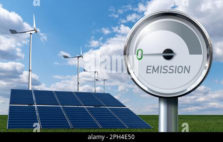 Messgerät mit Aufschrift EMISSION. Der Pfeil zeigt auf Null. Konzept der grünen Energie. Stockfoto