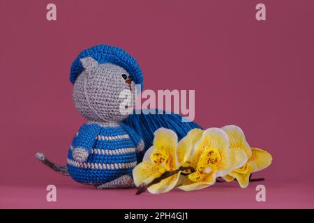 Eine graue Katze trägt blau gestreifte Kleidung und einen Hut von Künstlern, gestrickt, handgefertigt. Amigurumi Kätzchen Puppe auf pinkfarbenem Hintergrund neben gelber Orchidee Stockfoto