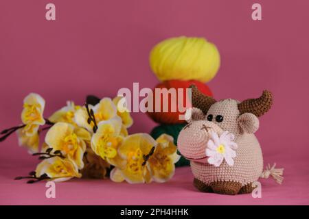 Ein brauner Stier mit Gänseblümchen im Mund, gestrickt, handgemachte Kunst. Amigurumi-Kuhpuppe auf pinkfarbenem Hintergrund neben gelben Orchideenblumen und mehrfarbiger Wolle Stockfoto