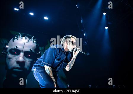 Turin, Italien. 24 marzo 2023. Der italienische Sänger Salmo trat live auf der Bühne der Pala Alpitour in Turin auf. Kredit: Andrea Pinna Stockfoto