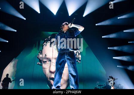 Turin, Italien. 24 marzo 2023. Der italienische Sänger Salmo trat live auf der Bühne der Pala Alpitour in Turin auf. Kredit: Andrea Pinna Stockfoto