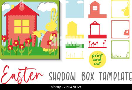Schattenkiste oder Schattenpostkarte ostern. Kaninchenhaus. Kinderschnitzerei. Stock Vektor
