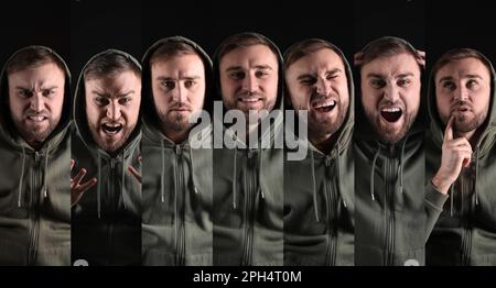 Junger Mann, der verschiedene Emotionen auf schwarzem Hintergrund ausdrückt, Collage. Persönlichkeitskonzept Stockfoto