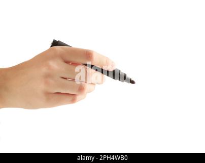 Eine Hand mit einem schwarzen Marker, isoliert auf weißem Hintergrund Stockfoto