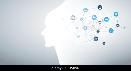 Moderne Futuristischen maschinelles Lernen, Künstliche Intelligenz, Cloud Computing und IoT Netzwerke Design Konzept mit angeschlossenen Symbole, Network Mesh Stock Vektor