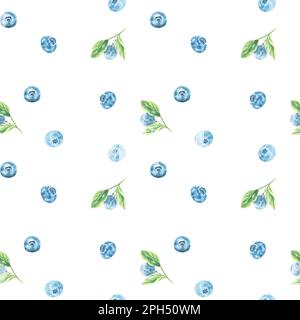 Nahtloses Blaubeermuster. Aquarell mit Beeren, Blaubeeren und Blättern auf weißem Hintergrund, handbemalt im botanischen Stil für Stoff Stockfoto