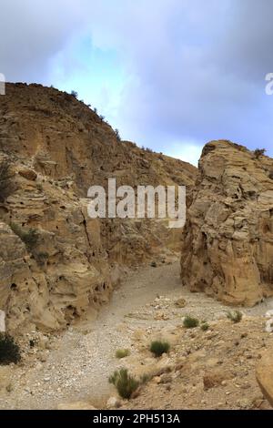 Das trockene Flusstal von Wadi Feid, Jabal fied, Al-Sharat-Gebiet Jordanien, Naher Osten Stockfoto