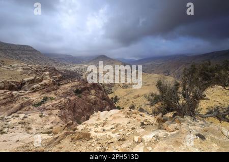 Das trockene Flusstal von Wadi Feid, Jabal fied, Al-Sharat-Gebiet Jordanien, Naher Osten Stockfoto