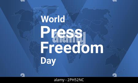 Internationale Urlaubskarte zum Welttag der Pressefreiheit. Poster mit Erdkarte, blauem Hintergrund mit verlaufenen Linien, weißem Text. Flaches Banner. Vecto Stock Vektor