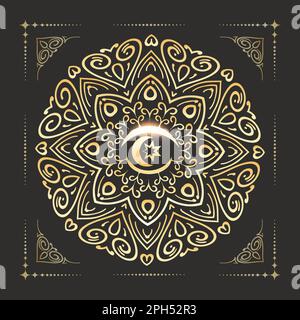 Goldenes Mandala-Ornament mit Mond und Stern auf schwarzem Hintergrund. Vektordarstellung. Stock Vektor