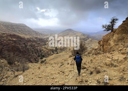 Walkers auf dem Jordan Trail in Wadi Feid, Jabal Ffied, Al-Sharat in Jordanien, Naher Osten Stockfoto