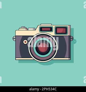 Flache Oldtimer-Kamera mit Schatten auf blauem Hintergrund. Vektordarstellung Stock Vektor