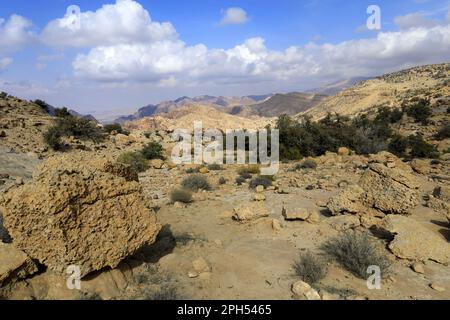 Blick über die Landschaft der Sahwah Wadi bis zu den Bergen von Jabal Abu Mahmoud, Südjordanien, Mittlerer Osten Stockfoto