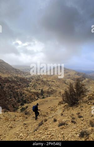 Walkers auf dem Jordan Trail in Wadi Feid, Jabal Ffied, Al-Sharat in Jordanien, Naher Osten Stockfoto