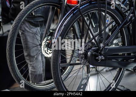 Ausstellung verschiedener Fahrradtypen im Bike Brussels - Ansicht und Details zu verschiedenen Fahrrädern - Elektrofahrrad - Batterie im Rahmen - Cargo Bike Stockfoto