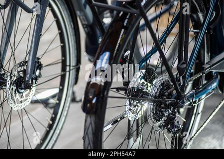 Ausstellung verschiedener Fahrradtypen im Bike Brussels - Ansicht und Details zu verschiedenen Fahrrädern - Elektrofahrrad - Batterie im Rahmen - Cargo Bike Stockfoto