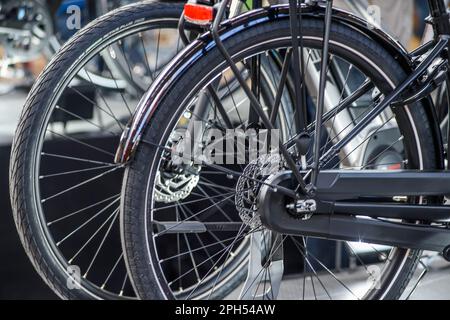 Ausstellung verschiedener Fahrradtypen im Bike Brussels - Ansicht und Details zu verschiedenen Fahrrädern - Elektrofahrrad - Batterie im Rahmen - Cargo Bike Stockfoto