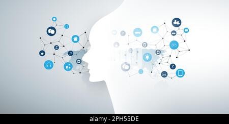 Moderne Futuristischen maschinelles Lernen, Künstliche Intelligenz, Cloud Computing und IoT Netzwerke Design Konzept mit angeschlossenen Symbole, Network Mesh Stock Vektor