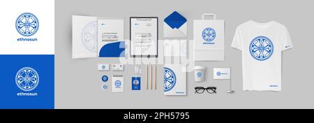 Blaues Ornament-Logo und Firmenlogo mit Briefkopf A4, Ordner, Umschlag und Visitenkarte. Hochwertiges Schreibwarendesign für moderne Unternehmen Stock Vektor