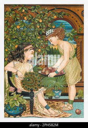 Herbstkinder. Kinder des alten Agypten in ihrem Haus am Nilo-Fluss. Saisonale Darstellung des „The Illustrated London Almanack“ (1845 bis 1895) Stockfoto