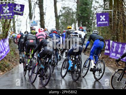 Wevelgem, Belgien. 26. März 2023. Das Reiterpaket, das während des Männer-Radrennen Gent-Wevelgem - in Flanders Fields, 260, 9 km von Ieper nach Wevelgem, Sonntag, den 26. März 2023, in Aktion gezeigt wurde. BELGA PHOTO DIRK WAEM Credit: Belga News Agency/Alamy Live News Stockfoto
