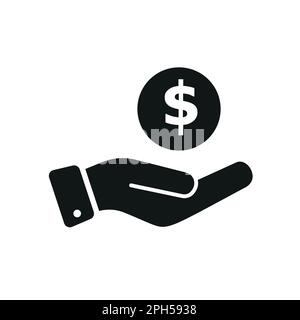 Das Konzept des Wohlstands und der Finanzstabilität. Hand eines Geschäftsmannes im Anzug mit einer riesigen goldenen Münze auf blauem Hintergrund, Vektordarstellung. eps 10 Stock Vektor