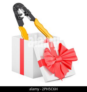 Crimpzange, Crimpzange in Geschenkbox, Geschenkkonzept. 3D-Rendering auf weißem Hintergrund isoliert Stockfoto
