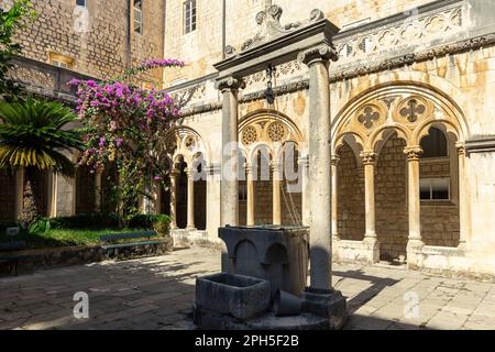 Wunderschöner Blick auf den Innenhof des Dominikanischen Klosters in Dubrovnik, wunderschönes Meisterwerk der gotischen Architektur des 15. Jahrhunderts Stockfoto