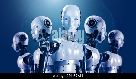 3D-Rendering von humanoiden Roboterteams, Roboterarmee, Cyborg-Maschinen auf blauem digitalen globalen Netzwerkhintergrund. KI-Roboterbetrieb, künstlicher Intellekt Stockfoto