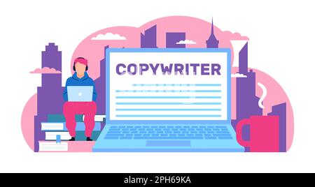 Werbetexter, die mit Laptops arbeiten und Artikel für Blogs schreiben. Ein riesiger Computer und ein winziger Mann, ein moderner Freiberufler. Kreativer, trendiger Beruf. Zeichentrickfilm Stock Vektor