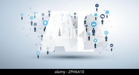 Maschinelles Lernen, künstliche Intelligenz, Cloud-Computing und Netzwerkdesign mit geometrischem Netzwerknetz, Symbolen und KI-Label Stock Vektor