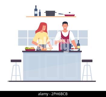 Verheiratetes Paar, Mann und Frau kochen zusammen in der Küche. Glückliche Familie zu Hause Zubereitung von Lebensmitteln, frische gesunde Zutaten. Isolierter Cartoon-Stil Stock Vektor