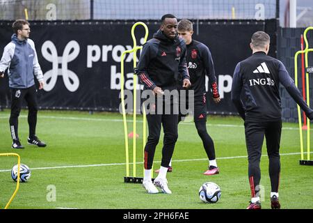 Tubize, Belgien. 26. März 2023. Der belgische Dodi Lukebakio wurde am Sonntag, den 26. März 2023, am Sitz der Royal Belgischen Fußballvereinigung RBFA in Tubize in Aktion während eines Trainings der belgischen Fußballmannschaft Red Devils gezeigt. Die Red Devils bereiten sich auf das kommende Spiel gegen Deutschland vor. BELGA FOTO TOM GOYVAERTS Kredit: Belga News Agency/Alamy Live News Stockfoto