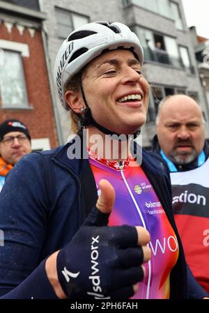 Wevelgem, Belgien. 26. März 2023. Swiss Marlen Reusser von SD Worx reagiert nach dem Radrennen der Frauen Gent-Wevelgem - in Flandern Fields, 162, 5 km von Ieper nach Wevelgem, Sonntag, 26. März 2023. BELGA FOTO DAVID PINTENS Kredit: Belga News Agency/Alamy Live News Stockfoto