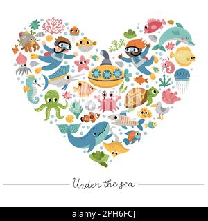 Vektor unter dem Meer, herzförmiger Rahmen mit Tauchern, U-Boot, Tieren, Unkraut. Design der Ocean Card-Vorlage für Banner, Einladungen. Süße Illustration Stock Vektor