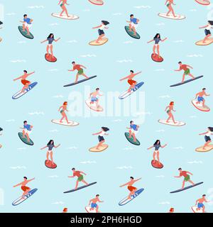 Surfer nahtloses Muster. Fröhliche Leute surfen Wellen auf Brettern trendiger Aufdruck, extremes Marinehobby, Cartoon-Athleten fangen Wellen, Dekor Textil, Umhüllung Stock Vektor