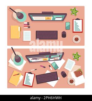 Draufsicht auf den dreckigen und sauberen Schreibtisch der Büroangestellten. Arbeitsabläufe, Computer, Stapel von Dokumenten und Schreibwaren ordentlich und chaotisch. Büroarbeitsplatz Stock Vektor