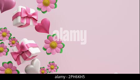 Muttertag, valentinstag. Geschenkschachteln Blumen Herzen. 3D-Rendering Stockfoto