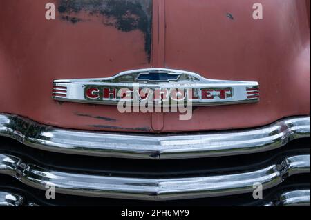 Ein 1953 amerikanischer Chevrolet 3100 Pickup-Truck. Original lackiert, aber mit einem brandneuen Chevrolet 3,5 Liter V8 Block und 3-Gang-Automatikgetriebe. Stockfoto